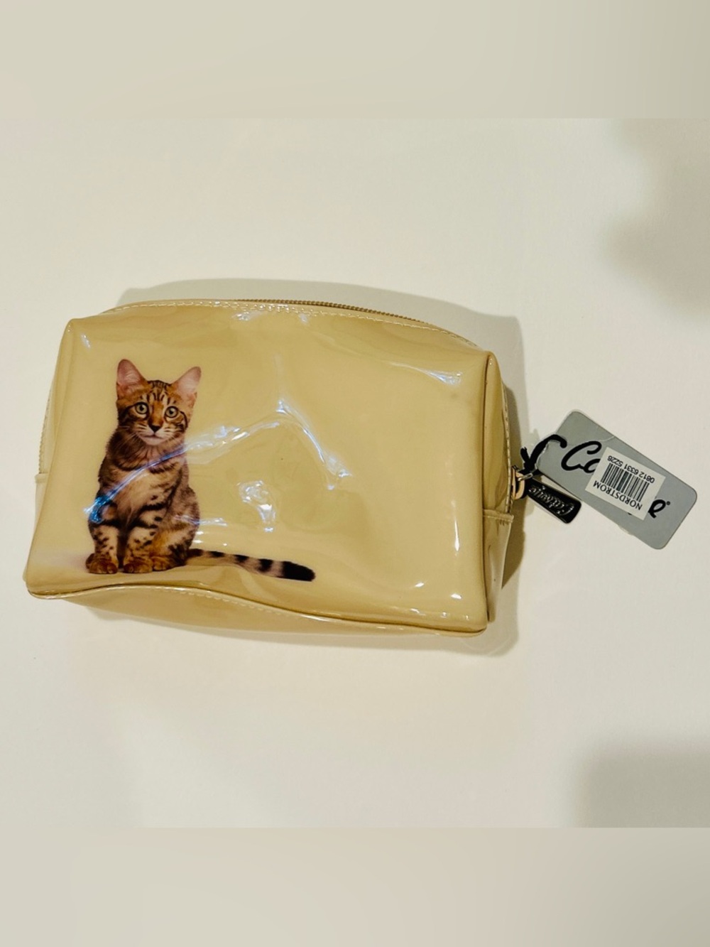 Catseye Cat-Print Beige Vinyl Pet Accessory Pouch makeup bag- NWT